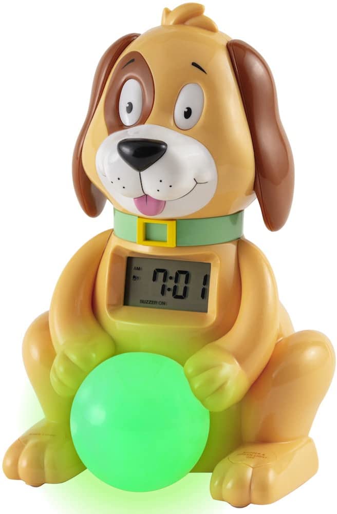 despertador para bebê no formato de um cachorro sentado, segurando uma lâmpada verde redonda