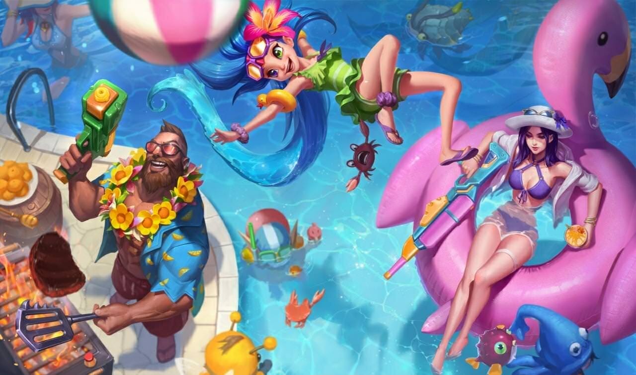 Personagens de League of Legends vestidos com roupas de praia em uma piscina