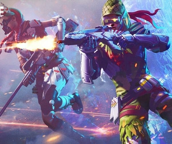 Imagem de divulgação do jogo Free Fire, que mostra dois personagens atirando
