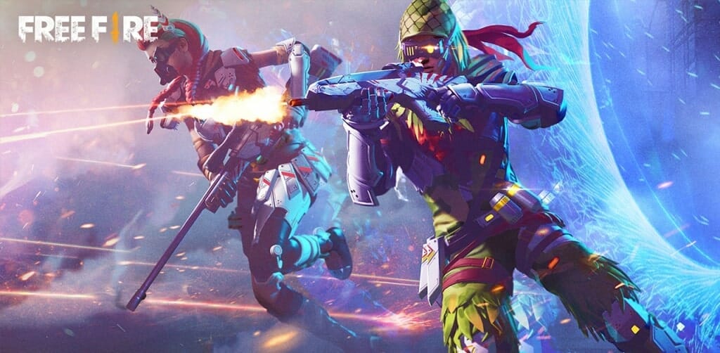 Imagem de divulgação do jogo Free Fire, que mostra dois personagens atirando