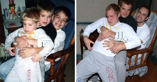 Na esquerda tem uma foto antiga de 3 irmãos abraçados, na direita tem uma recriação dessa foto, com os irmãos bem mais velhos