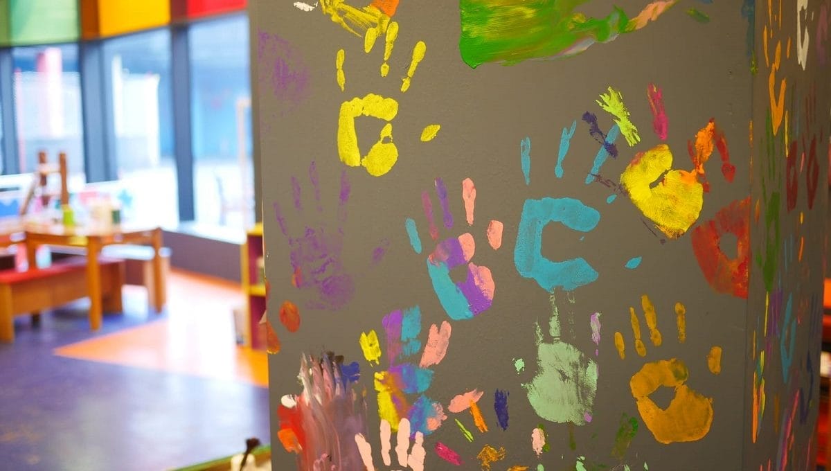 Parede com várias marcas de mãos feitas com tinta, representando o conceito de deixar o filho desenhar nas paredes