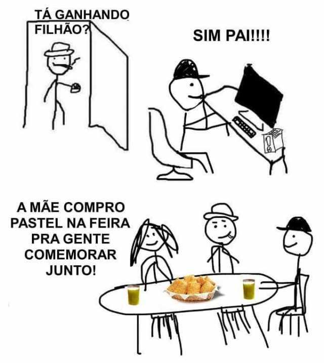 meme "tá ganhando, filho?" com a família comendo pastel de feira no final